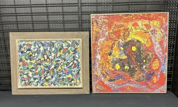 (2) Mid Century abstract oil paintings, both unsigned, one on canvas, the other on board. The blue (1 of 5)