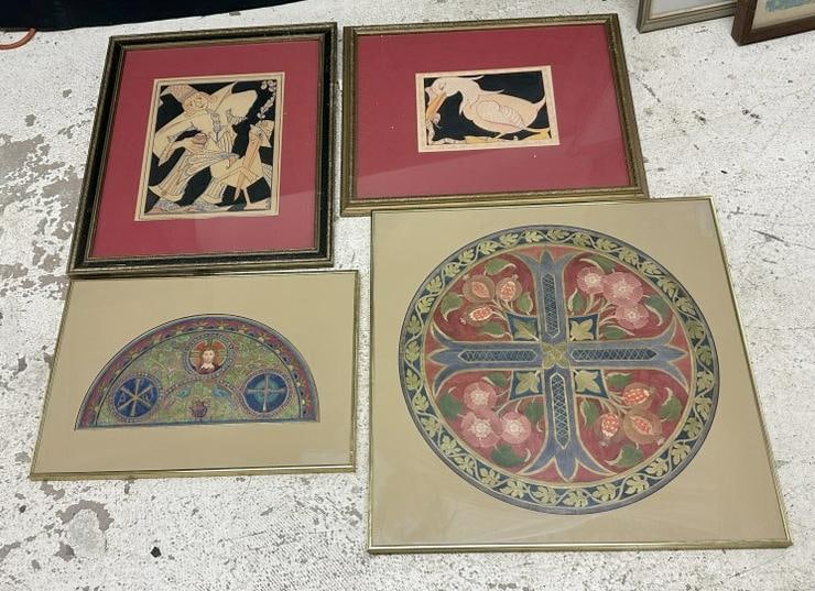 (4 pcs ) lot to incl. (2) crayon illustration drawings, unsigned, in matching red matting  & (2) (1 of 6)