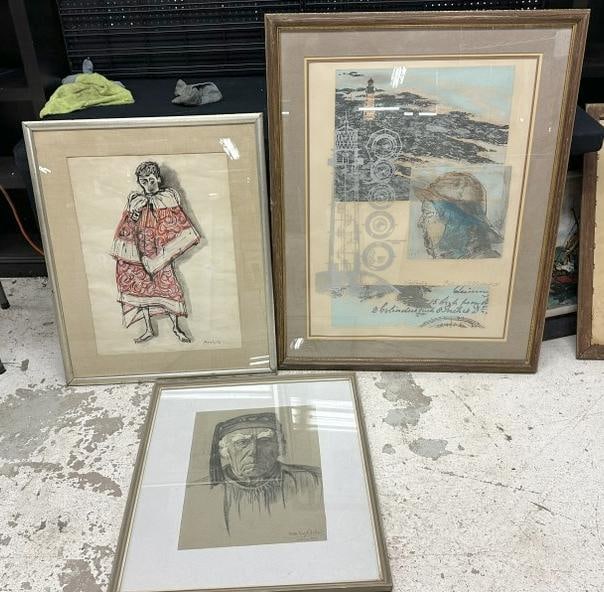 (3) pc. Art lot to incl. Mid Century watercolor of Man in red garb and signed illegibly, dated 1955. (1 of 8)