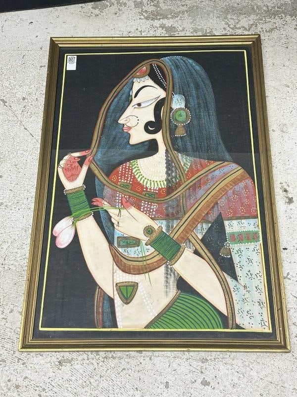 Gouache on cloth painting of Indian Woman, unsigned, nice condition, measures 32" x 21", in thin (1 of 2)