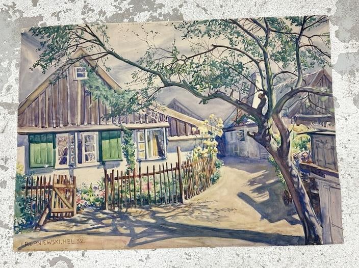 Jerzy Mieczyslaw Rupniewski (1888 - 1950) large watercolor street scene with houses, signed lower (1 of 3)