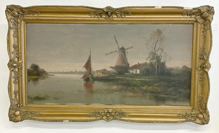 19th c o/c seascape with Windmills and boats in background, unsigned, canvas measures 17" x 34", the (1 of 2)