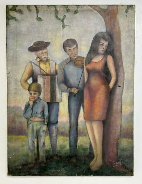 William Edward Hoofard ( 1939-2016 ) o/c young woman being serenaded under tree, circa 1950's or so, (1 of 5)