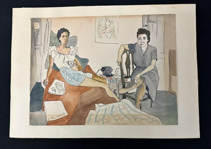 Emilie Walker (20th Century) fun watercolor with (2) Women sitting in living room, signed lower left (1 of 4)
