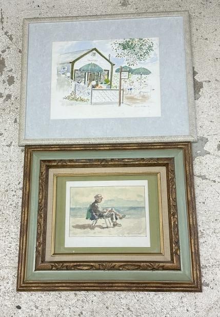 (2) Emilie Walker watercolors from local estate. Both signed, one is a Man sitting in beach chair on (1 of 3)