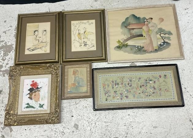 Estate lot framed artwork including Asian pieces, ( 2 prints signed M Yoshi, Asian hand emboidered (1 of 8)