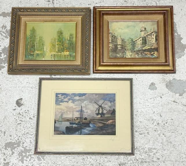 (3) estate small paintings including watercolor signed Lavinder ( dated 1931 ) of sailboats docked: (3) estate small paintings including watercolor signed Lavinder ( dated 1931 ) of sailboats docked and windmill in background, this watercolor measures 8.5" x 11.5" and (2) impressionist o/b & o/c pai