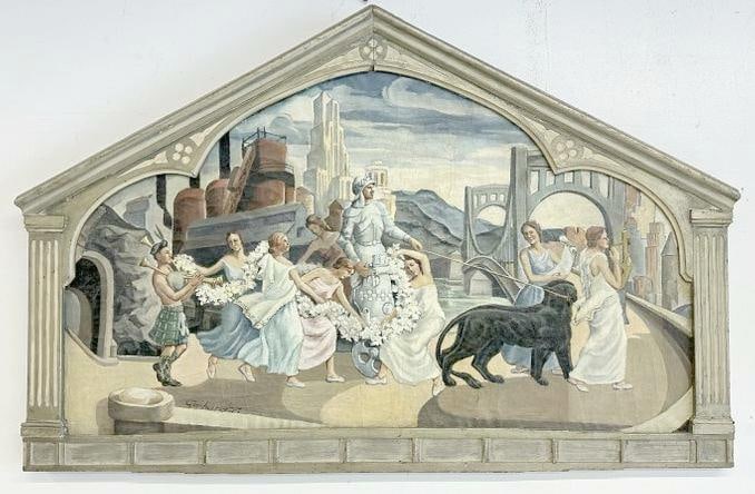 Classical scene o/c, circa 1910 or so, in nice decorative frame with columns, signed illegibly ( (1 of 4)