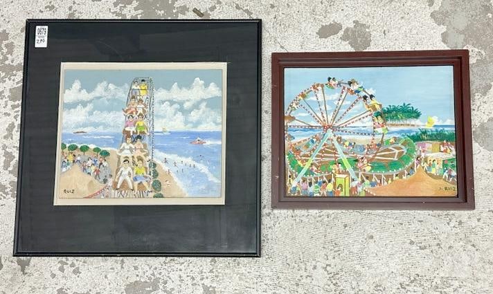(2) Jose Ruiz oil paintings, both with Ferris Wheels, both signed, they measure 10" x 12.5" and (1 of 5)