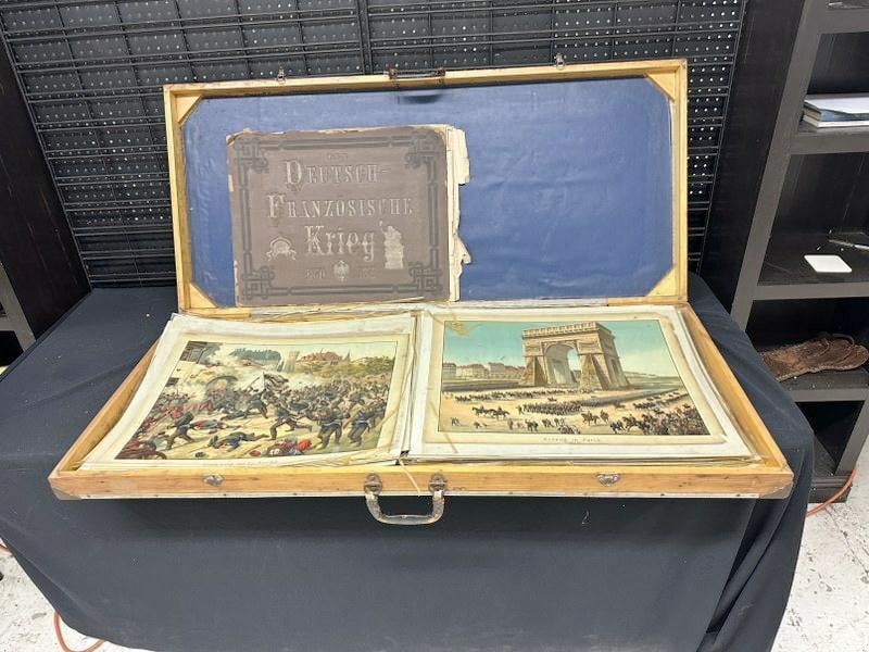 Large wood case filled with German Military color lithograph prints, all under plastic sleeves, they (1 of 10)