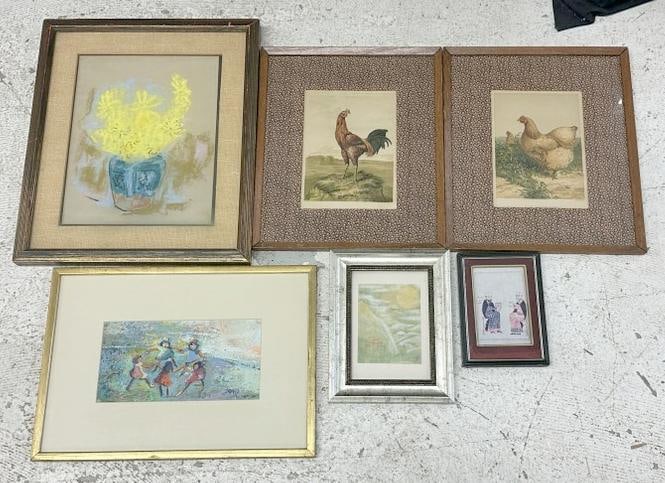 (6) framed pieces to include, pair of chicken prints, 2 small prints, gouache of young girls playing (1 of 5)