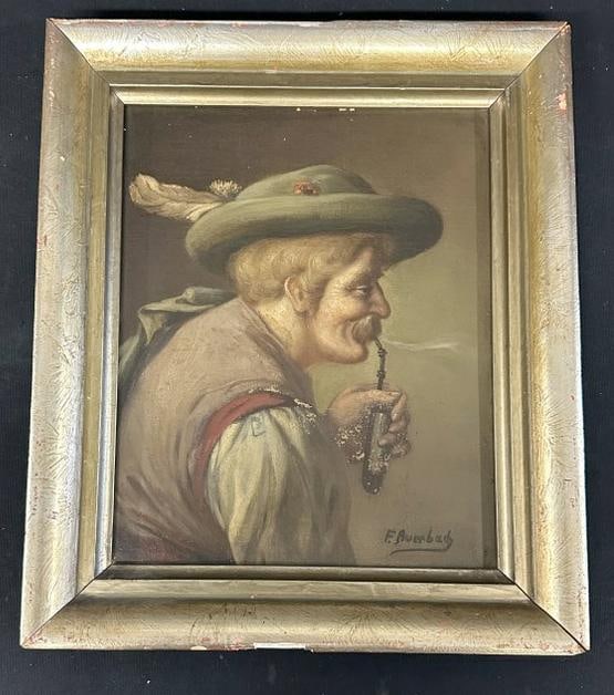 German o/b portrait man smoking pipe, signed ( F. AUERBAD ?), some paint flaking around pipe ares. (1 of 3)