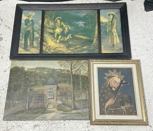 (3) pcs. estate art lot - German o/c landscape with large stone home signed F. Miller ( has small (1 of 5)