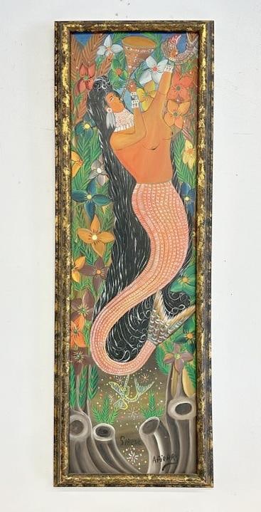 Andre Pierre (c. 1915/16 - 2005) o/b Mermaid playing an instrument holding a fish, signed lower (1 of 3)