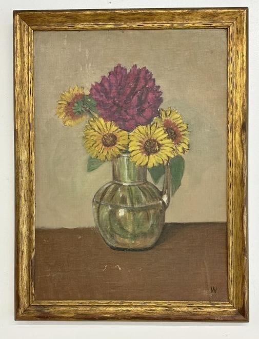 Nice circa 1930's or 40's floral still life, inialed ( W ) bottom right, painting measures 21" x: Nice circa 1930's or 40's floral still life, inialed ( W ) bottom right, painting measures 21" x 15", in thin gold frame of the period . From the Hudson, New York estate of well know Art Collector Alb