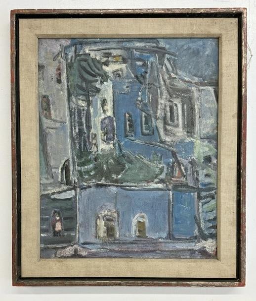 Nice Mid Century o/c of house, unsigned, In Mid Century frame of the period, painting (1 of 3)