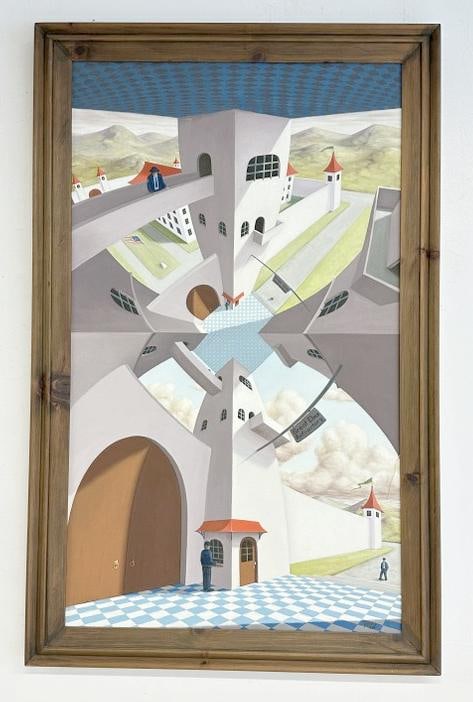 Wonderful Surrealist o/c painting signed ( RENTZ, dated 1984 ), Cityscape with wonderful form and (1 of 4)