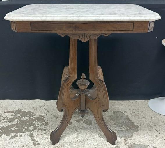 Eastlake walnut marble top side table, from Hudson Valley estate, nice overall condition, (1 of 3)