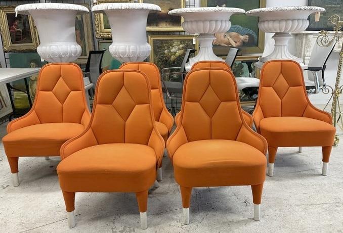 (6) GARSNAS orange lounging chairs, white wood feet, all structurally sound, some light fading, no: (6) GARSNAS orange lounging chairs, white wood feet, all structurally sound, some light fading, no tears, rips or repairs, some light stains...bendable backs.....They measure 35" high x 27.5" arm to a