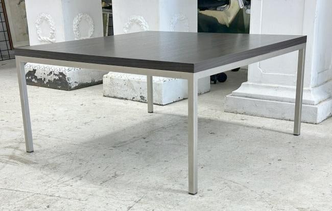 Very nice dark oak top with metal legs coffee or end table, like new condition, measures 15" high: Very nice dark oak top with metal legs coffee or end table, like new condition, measures 15" high and top is 29" x 29" square...All the high end Designer and Modern furniture comes from a NYC Times Sq