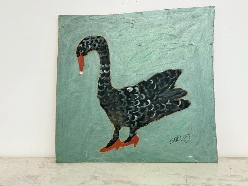 Earl Swanigan (1964 - 2019) outsider art o/b of  a goose in red shoes, measures 20" x 22". From the (1 of 3)