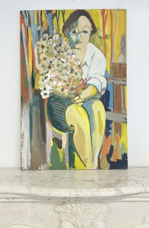 A. MARIS impressionist o/b Woman holding flowers, unsignd, nice estate condition, painting measurers: A. MARIS impressionist o/b Woman holding flowers, unsignd, nice estate condition, painting measurers 36" x 24". From the Hudson, New York estate of noted Art Collector and Researcher Albert Burnette R