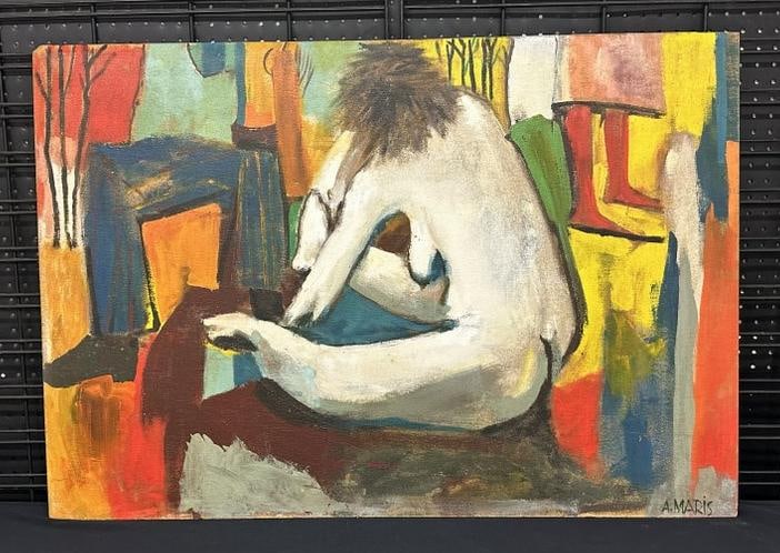 A. MARIS impressionist o/b nude female figure, signd lower right, partial painting on back also,: A. MARIS impressionist o/b nude female figure, signd lower right, partial painting on back also, painting measures 29" x 42", nice condition. From the Hudson, New York estate of noted Art Collector an