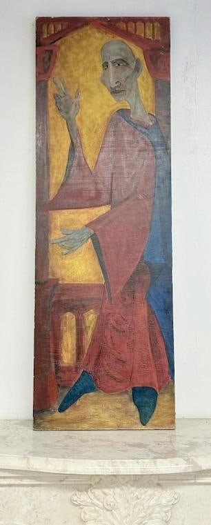 Mid Century era impressionist o/b of man in red robe, unsigned, has name ( RIDINGTON 1955 ) on back,: Mid Century era impressionist o/b of man in red robe, unsigned, has name ( RIDINGTON 1955 ) on back, from local estate, painting measures 48" x 16". Nice condition.