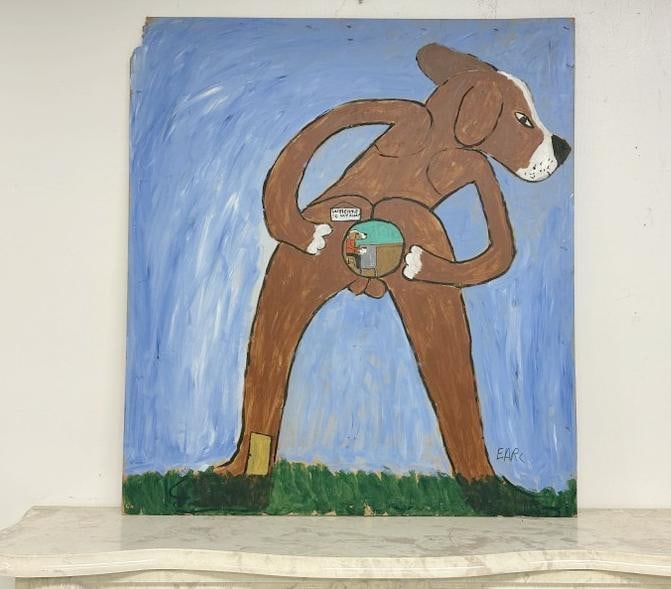 Earl Swanigan (1964 - 2019) outsider art o/b of dog with ( WELCOME TO MY HOME ), signed lowerright, (1 of 4)