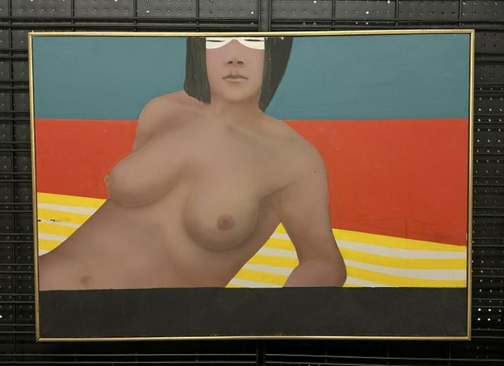 Modernist nude female top o/c, circa 1970's (?), unsigned, nice overall condition, painting measures: Modernist nude female top o/c, circa 1970's (?), unsigned, nice overall condition, painting measures 28" x 40", in thin wood Mid century type frame. From the Hudson, New York estate of noted Art Colle