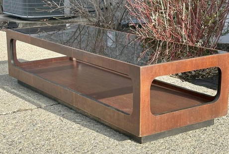 1960's Lane Furniture Mid Century style walnut coffee table with smoked glass top, nice overall: 1960's Lane Furniture Mid Century style walnut coffee table with smoked glass top, nice overall condition, has some small scuffs and spots on finish. Structurally sound, from local estate, measures 54