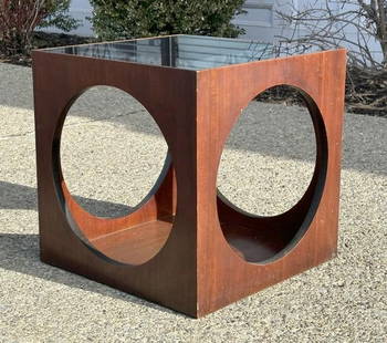 1960's walnut Mid century style end table with circle cut outs, and smoked glass top, manufactured: 1960's walnut Mid century style end table with circle cut outs, and smoked glass top, manufactured by Lane Furniture….measures 18.5" high and top is 18.5" x 18.5", nice clean condition.