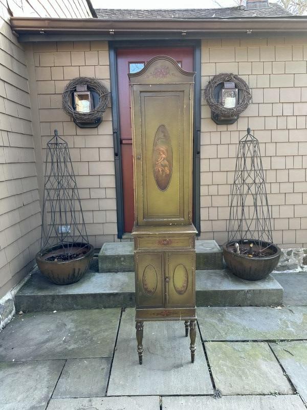 1920's narrow original green painted cabinet, with one door on top,middle drawer, and two doors on (1 of 5)