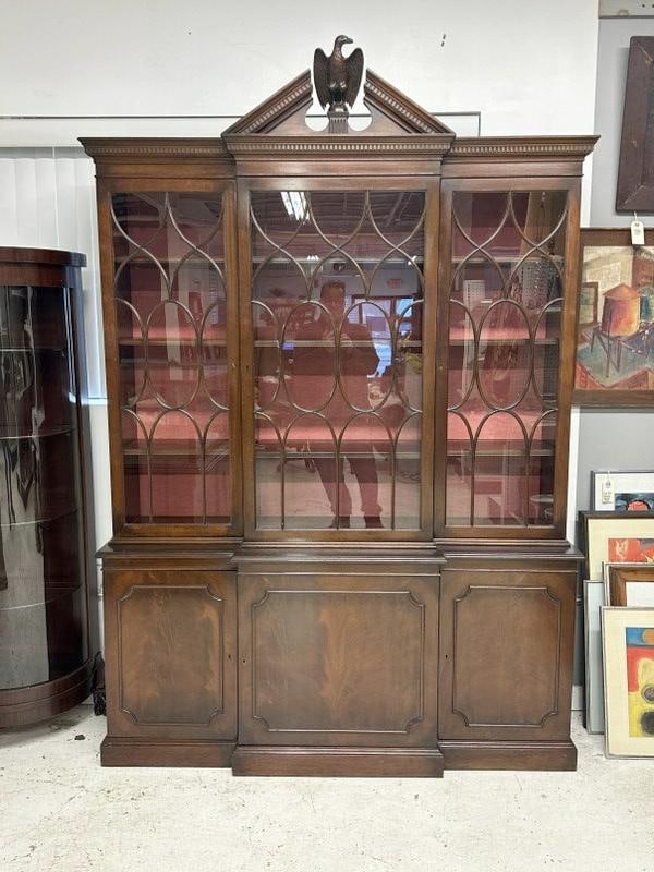 Wonderful mahogany formal breakfront with carved Eagle finial, nice original finish, all lattice (1 of 6)
