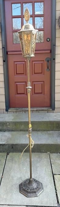 Circa 1920's decorative brass and iron floor lamp, with mica inserts shade, nice dancing Maiden (1 of 4)