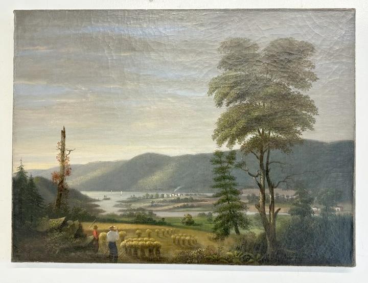 19th c o/c landscape, unsigned, (2) men with haystacks looking down the valley towards the river, (1 of 3)