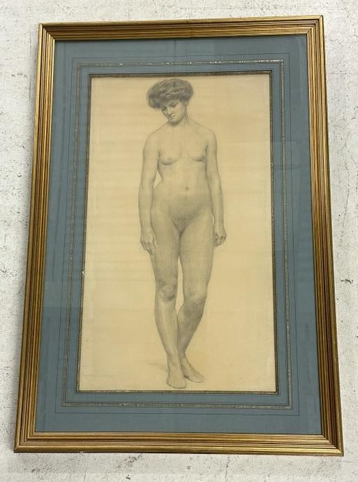 Lord Frederic Leighton (1830 - 1896) (?) pencil drawing of nude woman, name in lower left as: Lord Frederic Leighton (1830 - 1896) (?) pencil drawing of nude woman, name in lower left as pictured, has water seal stamp on paper ( E S K ), as pictured. The drawing measures 23" x 14.5", the frame