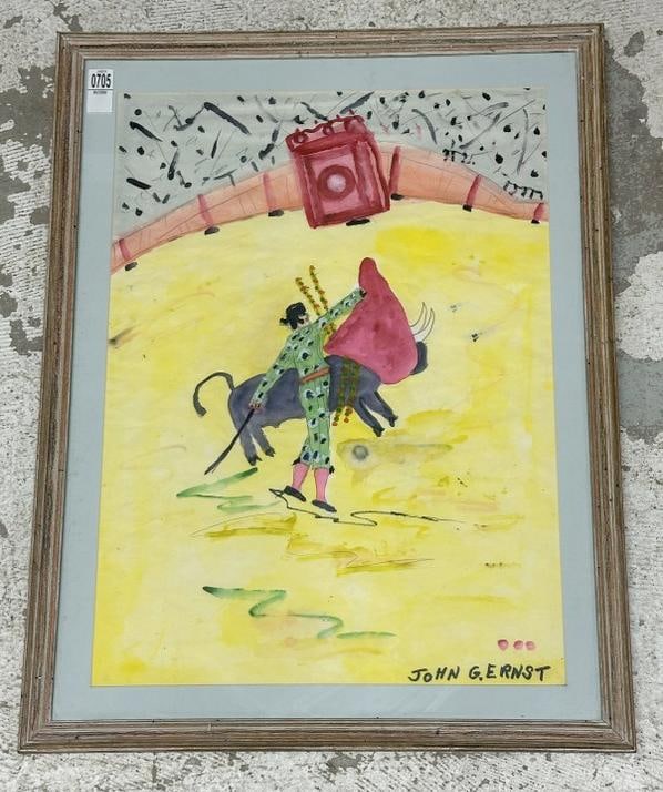 John G. Ernst (1920 - 1995) unusual watercolor of Bull Fighter in arena, signed lower right, nicely (1 of 3)