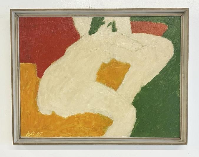 Mid Century abstract o/b of figures, signed ( Temple ) on back, initialed ( ht ) on front, dated (1 of 3)