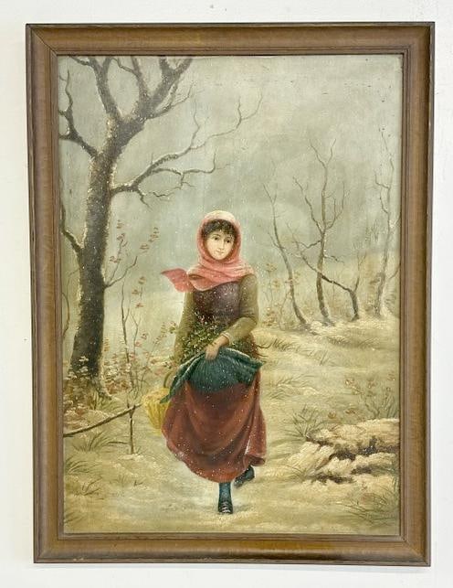 19th c o/b of young Woman walking through the trees carrying a basket, unsigned, nice estate (1 of 4)