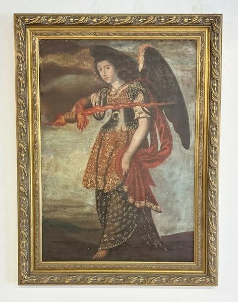 19th c o/b of winged Woman holding a spear like object, unsigned, nice overall estate condition, ( (1 of 2)