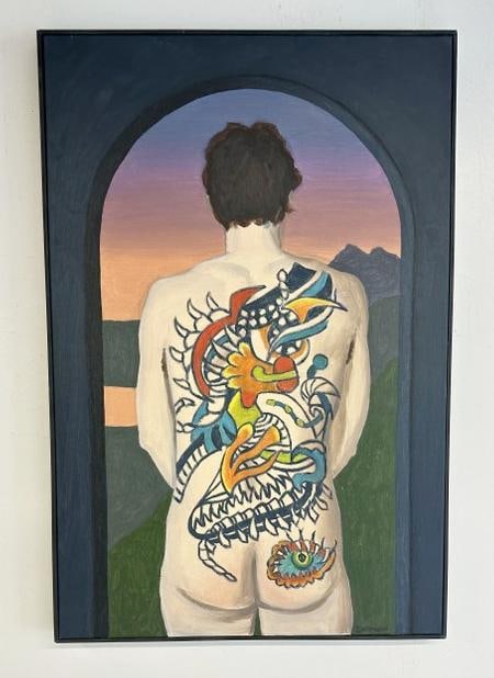 Bill Sullivan (1942 - 2010) o/c portrait of Man with large back tattoo, signed lower right. In (1 of 4)