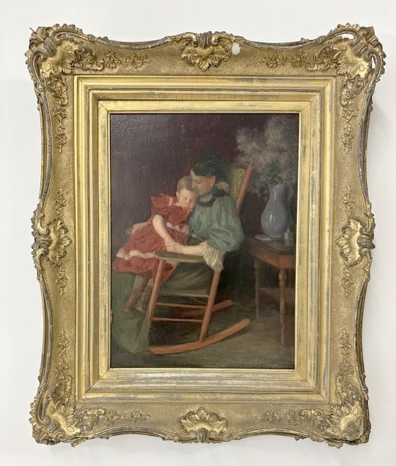 Wonderful 19th c o/wood panel impressionist interior with Woman rocking child in red rocking chair, (1 of 5)