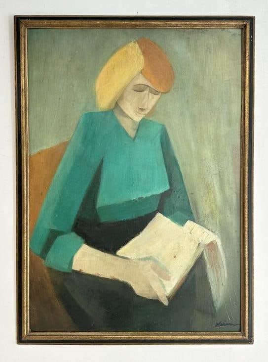 Wonderful impressionist o/b portrait of Woman reading a book, signed illegibly lower right corner, (1 of 4)