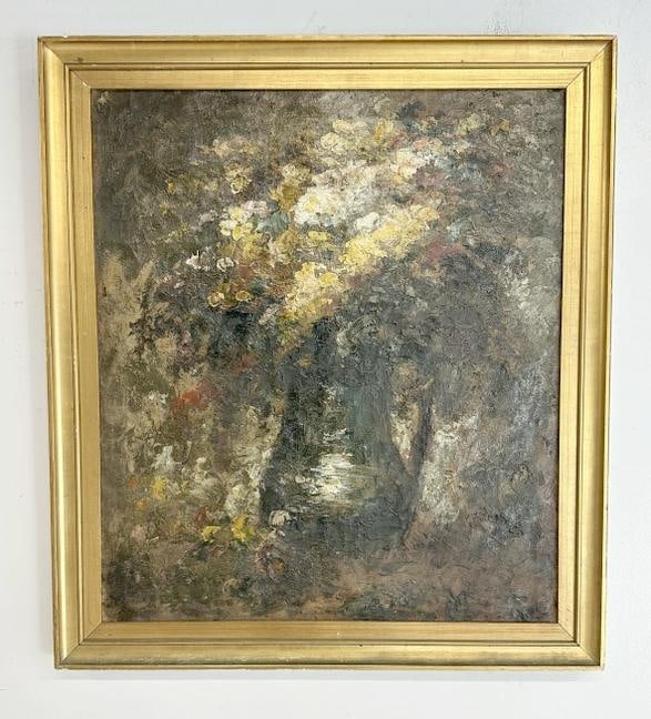 Early impressionist o/c floral still life, can't see a signature, heavy paint texture, ( a couple: Early impressionist o/c floral still life, can't see a signature, heavy paint texture, ( a couple small rips ), painting measures 28" x 24", the frame measures 32" x 29". From the Hudson, New York est