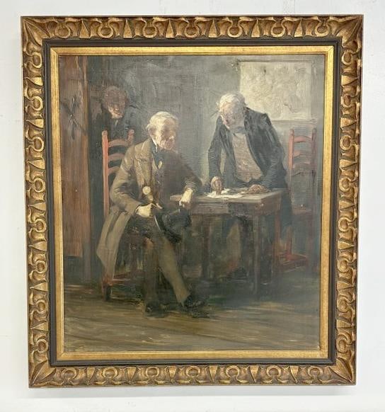 Wonderful illustration like o/c of (2) Gentleman going over papers on a table ( FLECK ) is written (1 of 3)