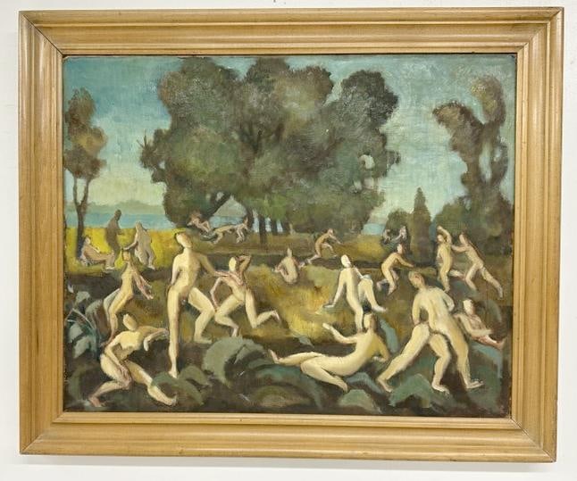Impressionist o/c landscape with nude figures throughout, possibly the works of ( GEORGE DAVIDSON ),: Impressionist o/c landscape with nude figures throughout, possibly the works of ( GEORGE DAVIDSON ), unsigned, painting measures 24" x 30", the frame measures 29.5" x 35.5", nice estate condition. Fro