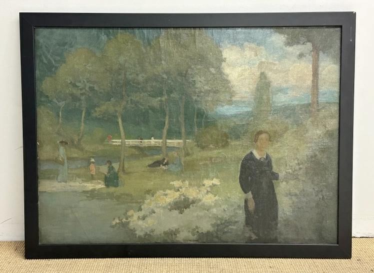 Wonderful circa 1910 impressionist o/c landscape with people in park like setting, unsigned, well (1 of 3)