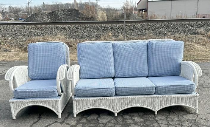 HEYWOOD-WAKEFIELD nice (2) pc. Wicker set, clean condition, used inside, solid, tight structurally, (1 of 6)