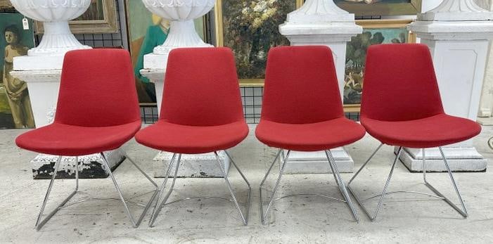 (4) Mid Century Modern style chairs, red fabric cloth, chrome base, has removable fabric for easy (1 of 2)